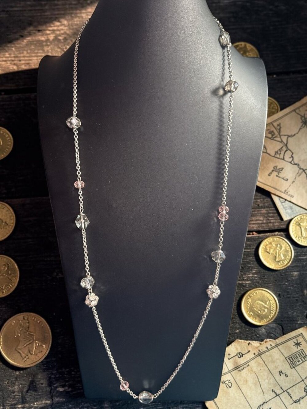 Crystal Beaded Silver Chain Necklace With Round & Faceted Glass Accents Lightwei